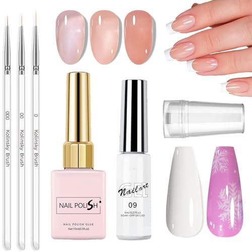 French Manicure Kit - French Tip Gel Polish Jelly Gel Polish - French Tip Stamp with 2Pcs White & Nude Gel Nail Polish Nail Art Tools - French Gel Nail Polish Set with Nail Drawing Pens