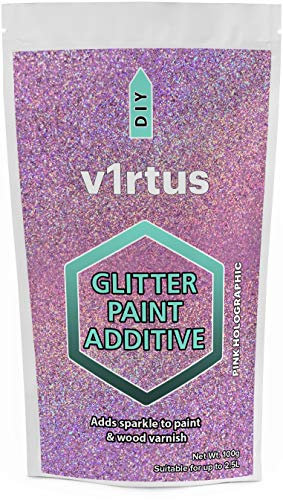 v1rtus Glitter Paint Additive - Pink Holographic | Metallic Flakes for Adding Sparkle to Paints & Wood Varnish | Add to Emulsion, Acrylic & Latex for Indoor Sparkly Walls | 100 g