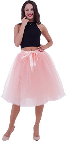 SCFL Jupe Tutu Femme Jupe Midi Tulle 7 Layers Petticoat Underkirt avec ceinture Élastique pour fête de mariage - Rose pêche - Taille unique
