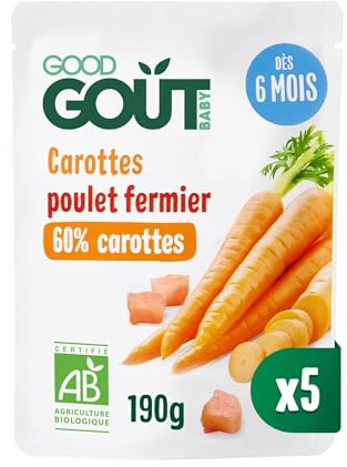 GOOD GOÛT - Carottes Et Poulet Fermier - Plat Cuisiné Pour Bébé - Dès 6 Mois - Purée Lisse - Fabriqué En France - Sachets Micro-Ondables - 5x190g