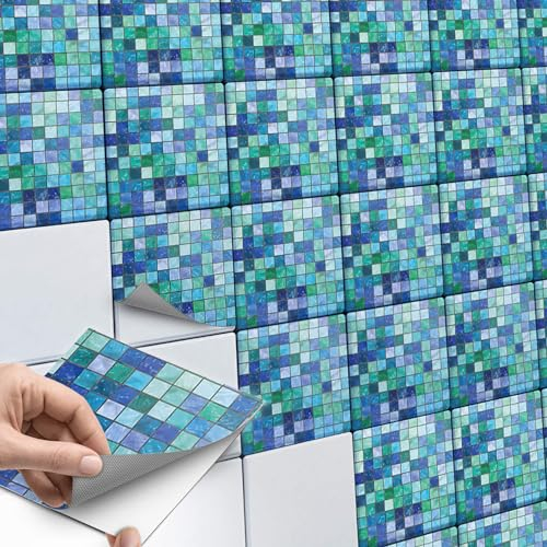 Klebefolie Fliesen-Mosaik I Fliesenaufkleber für Badezimmerfliesen und Küchenrückwand I Fliesenbilder - Kacheldekor - Fliesenposter I 15x15 cm - Motiv Mosaik Grün-Blau - 18 Stück