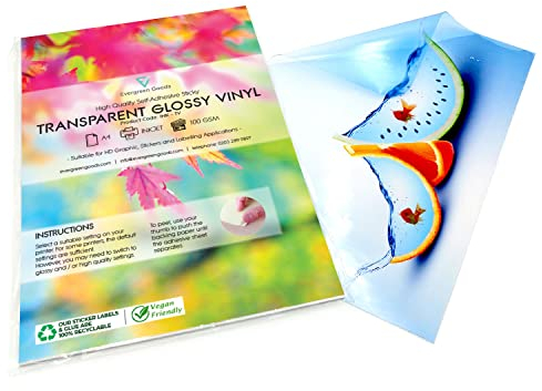 Evergreen Goods Ltd 20 Blätter A4 Transparentes glänzendes Vinyl Aufkleberpapier | Selbstklebendes Inkjet bedruckbares Aufkleberpapier | Nicht Wasserdichtes Druckpapier Cricut und Silhouette Cutters