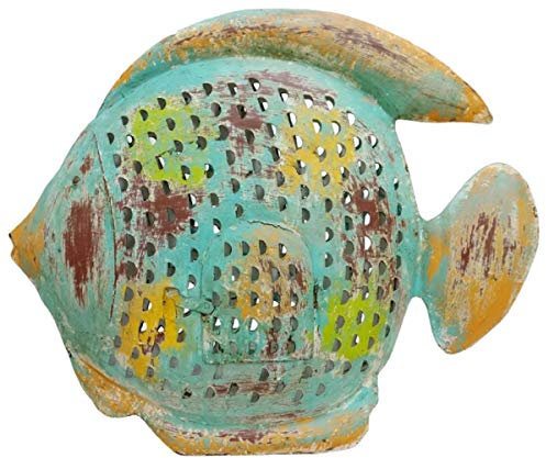 dekorative ausgefallene Metallfigur Fisch als Windlicht zum Stellen oder hängen (türkis-orange)