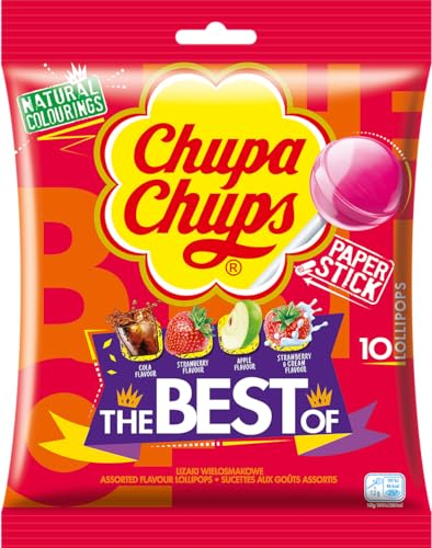 Chupa Chups Best of Lutscher, Nachfüll-Beutel enthält 10 Lollis in den 4 Geschmacksrichtungen Cola, Erdbeeren, Apfel, Erdbeere-Sahne, geeignet für Geburtstag, 10 x 12g