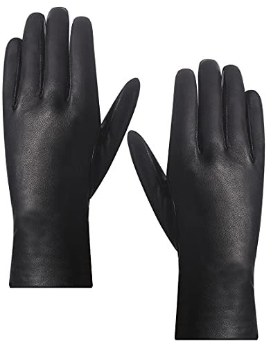 Harssidanzar Damen Lederhandschuhe,Damen Italienische Lammfell Lederhandschuhe Vlies Gefüttert,Schwarz, L