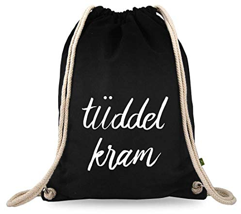 Turnbeutelliebe® Turnbeutel mit Spruch - tüddelkram - Baumwolle schwarz - Sportbeutel - Rucksack - Stoffbeutel - Gym Bag - ca. 12 Liter - 37 x 46 cm