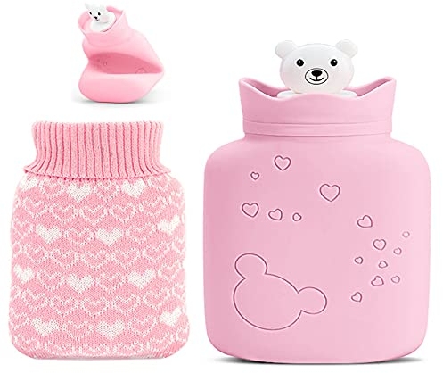 Mini Silicone Hot Water Bottle, Kids Hot Water Bag with Knitted Woolen Cover Microwave Heating Travel Hot&Cold Bottle for Hand Foot Body Keeping Warm and Pain Relief(Pink)