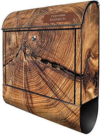 banjado® Design Briefkasten personalisiert Jahresringe 38,5x46,5x13cm & 2 Schlüssel - Briefkasten Stahl schwarz Zeitungsfach pulverbeschichtet - Postkasten A4 Einwurf inkl. Montagematerial