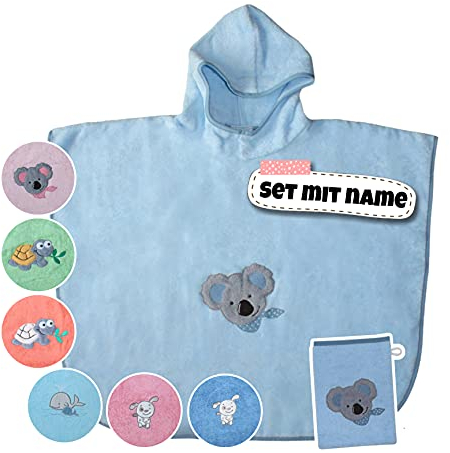 Stickling Set Kinder Poncho + Waschlappen personalisiert | 100% Bio Baumwolle | personalisiert mit Namen | Baby Kapuze Bademantel | Badeponcho | Kinder Badetuch | bis 7 Jahre (Eisblau)