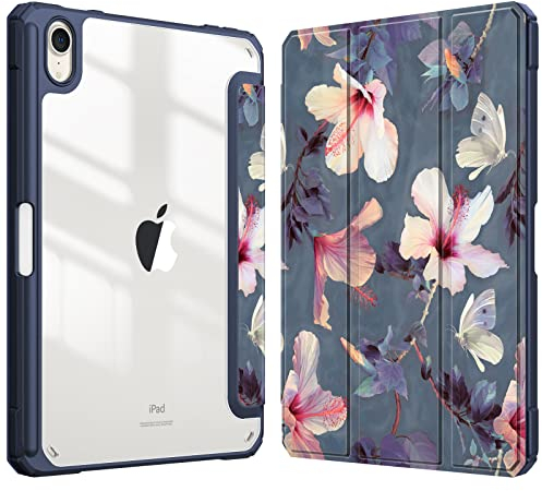 Fintie Hybrid Hülle für iPad mini 7 (A17 Pro) 2024 / iPad mini 6. Generation 2021 8.3 Zoll mit Stifthalter - Stoßfeste Schutzhülle mit transparenter Hartschale auf der Rückseite, Blühender Hibiskus
