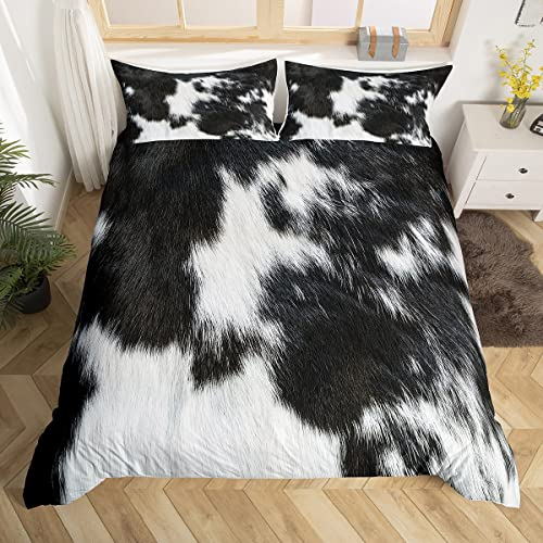 Loussiesd Kuhfell Betten Set Milch Kuhfell Rinderfell Bettwäsche Set 135x200cm für Jungen Mädchen Kinder Bauernhaus Kuhfell Bettbezug Set Zimmer Dekor Schwarz-Weiß 2St