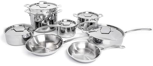BergHOFF Professional Tri-ply 18/10 Stainless Steel 13Pc Cookware Set With Matching Lid Safe Grip Handle Induction Cooktop Measurement Markings Inside Fast & Even Heat Oven Safe Oven Safe
