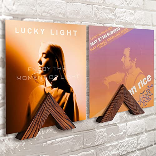 TIMCORR Vinyl Record Holder Set of 2: Vinyl Wall Mount for Record Display, Pine Wood Album Shelf with Sticky Transparent Tapes Hanging on the Wall (Brown)