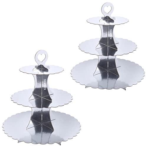 KINMRIS 2 Pack Cupcake Stand 3-Tier Lace Edge Dessert Stand, Silver Cardboard Cupcake Stand, Birthday Party SUPPLIES TIER 3 Tier，Eco-friendly Cardboard