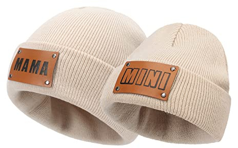 Asufegucd 2 x Eltern-Kind-Mütze, gestrickte Beanie-Mütze, Baby-Hip-Hop-Mütze, Wintermütze für Mutter und Baby, Strickwolle, Skimütze