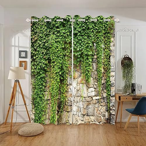 Umpoo Grünes Efeublatt-Verdunkelungsvorhänge, Blätter, Pflanzen, rustikaler Stein, Wand, Frühlingslandschaft, Vorhang für Wohnzimmer, Schlafzimmer, Heimdekoration, Set mit 2 Paneelen, 106x274 cm