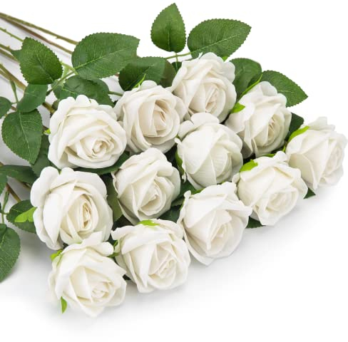 OWLKELA 12 Stück Weiß Künstliche Rosen, Künstliche Flanellblumen, Künstliche Blumen, Einzelne Langstielige Blumen, Realistische Dekorative Blumen für Hochzeit, Haus, Garten, Dekoration