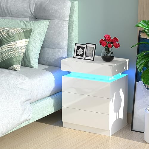 Lvhcmfohm Nachttisch Weiß mit Led, Nachtschrank, Nachtkommode mit 3 Schubladen und Schränke mit Klappdeckel für Wohnzimmer, Schlafzimmer (45x35x61cm)