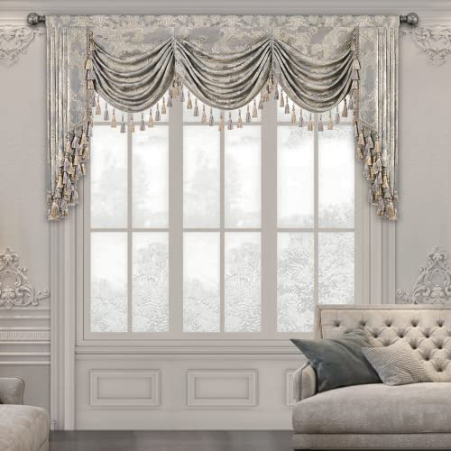 TOPLUXE Swag Volant Vorhang für Schlafzimmer Esszimmer Wohnzimmer Küche, Damast Kurzstore Waterfall Volant-Vorhang für Fenster (Breite 200cm, Hellgrau)