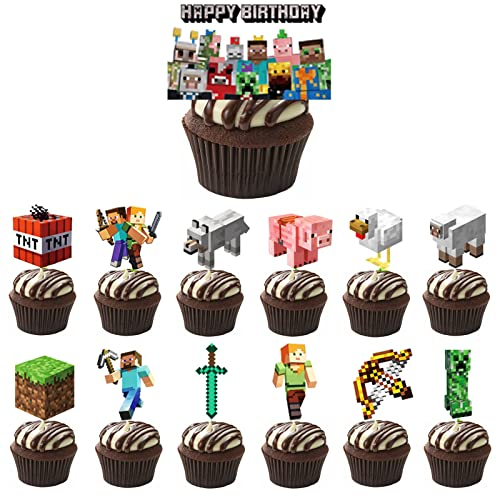 VARACL 26PCS Pixel Craft Miner Game Cupcake Toppers, Pixel Miner Crafting Cupcake Toppers, Video Game Cupcake Toppers for Pixel Video Game Party Decorations Supplies
