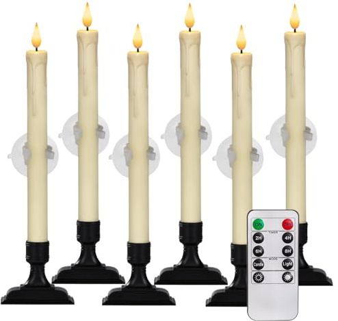 Homemory 6 Pcs Window Candles with Remote Timer Dimmer, Christmas Candles for Window Battery Operated, Ivory Flameless Taper Candle with Holders and Suctions, LED Candlesticks for Xmas Holiday Decor