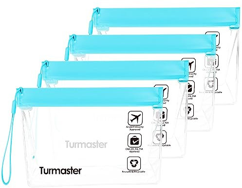 Turmaster 4 Packs de Trousse de Toilette Transparente approuvée par l'aéroport, Sac de Liquide approuvé par la sécurité de l'aéroport 20 * 14.5 * 5cm, Trousse de Toilette de Voyage imperméable, Bleu