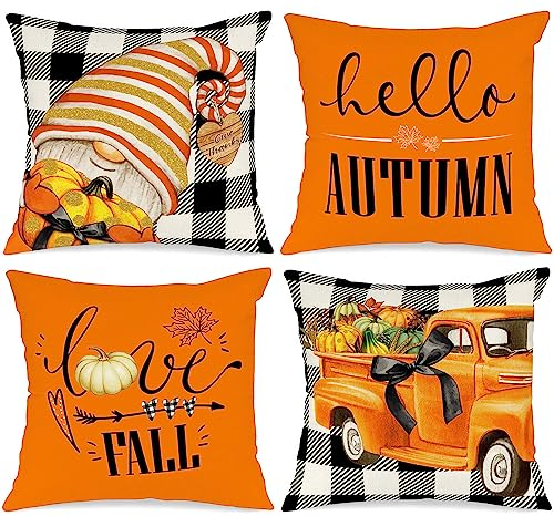 Benjia 4 Stück Kissenbezug Herbst Kissenhülle 45x45 cm, Pumpkin Gnom Truck Herbst Kissen Dekorative Herbstkissen für Thanksgiving Halloween Bettwäsche Sofa Decorations Schwarz 45 x 45 cm