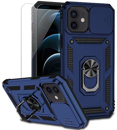 for iPhone 12 Mini Case with Camera Lens Cover HD Screen Protector, Dual Layer Military Grade Drop Protection Magnetic Ring Holder Kickstand Protective Phone Case for iPhone 12 Mini 5.4 inch (Navy)
