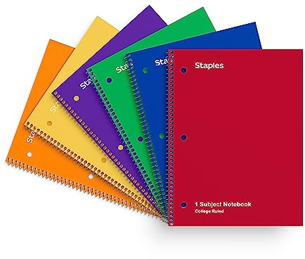 Staples Spiralnotizbuch, 20,3 x 26,7 cm, College-liniert, 6 Stück | 70 Blatt pro Notizbuch, verschiedene Farben, für Schule und Büro.