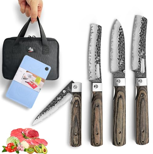 SENBON 440 Geschmiedetes Edelstahl Tragbares Küchenmesser Faltbares Kochmesser Obst Messer 4-Pack farbiger Holzgriff