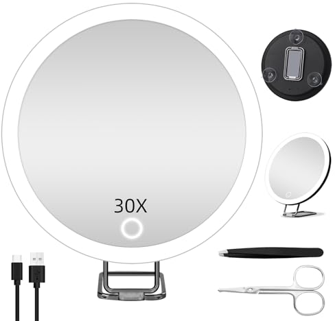 JADAZROR LED-Kompaktspiegel, 30-Fach-Vergrößerungsspiegel mit Licht, 15cm Reisespiegel mit Vergrößerung, wiederaufladbarem beleuchtetem 30-facher Vergrößerungsspiegel, tragbares Reisespiegelgeschenk