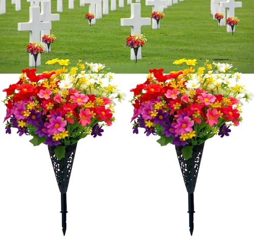 strolfay Künstliche Friedhofsblumen, Set mit 2 künstlichen Müttern, Blumenstrauß, Grabschmuck, Gedenkblumen mit 2 Friedhofsvasen mit Drainagelöchern, lange Spikes für Friedhof, Grabsteine,