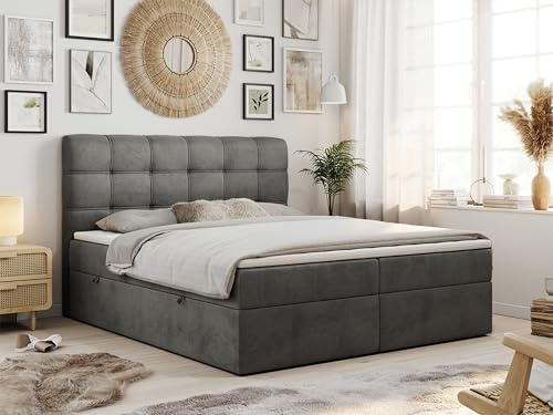 MKS MEBLE Boxspringbett 180x200 mit Matratze, Bett mit Multipocket - Matratze H4 und Topper, Polsterbett 180x200 mit Bettkasten und Kopfteil, Fast - Gray Monolith