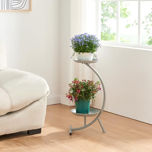 [en.casa] Blumenständer Aalten Pflanzenständer in Halbmondform Pflanzenregal mit 2 Ablagen Blumenregal Metall 61,5x30x25cm Grau