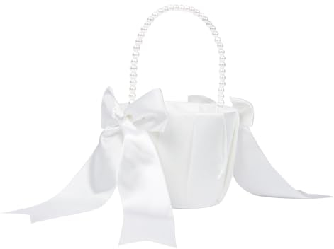 Elfenbein Blumenmädchen Korb mit Perle Henkle, Satin Blume Korb für Blumenmädchen, Hochzeit körbchen für Hochzeit Zeremonie Partei