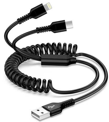 USB C und Lightning Kabel 2 in 1 Spiralkabel, Multi USB Kabel [1.2M] Apple & Android Auto Kabel, Kurz Ladekabel iPhone Typ C für iPhone 16/15/14/13/12/11, Samsung Galaxy S21/S22/S23/A13/A54