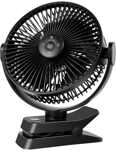 ELZO USB Sobremesa Ventilador, 21cm/8.26 inch, 12000mAh Ventilador de Camping con Clip Silencioso Recargable con 5 Velocidades, Luz LED, Rotación de 360°, Control Remoto, Oficina/Dormitorio, Negro