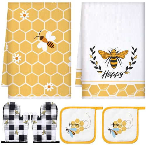 Bencailor 6 Pcs Bee Kitchen Towels Oven Mitts and Pot Holders Sets Dish Towels Non Slip Heat Resistant Oven Gloves for Summer Baking Cooking Supplies(White and Yellow,Happy Bee)