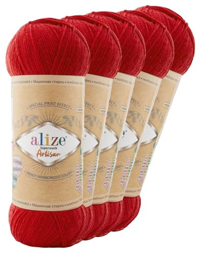 5 x 100g Sockenwolle Alize Superwash Artisan 75% Wolle Strickwolle Häkelgarn Farbwahl, Farbe:56 rot