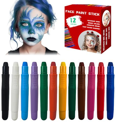 Crayon Visage Peinture, 12 Couleurs Crayon Maquillage Enfant,Maquillage pour Enfants, Peinture Corporelle pour Pâques,Cosplay,Soirées à Thème Noël Halloween,Séchage Rapide Hypoallergénique
