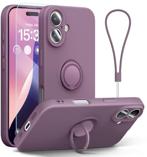 abitku for iPhone 16 Case with Ring Stand, Liquid Silicone Slim Design Support Magnetic Car Mount (with Wrist Strap Lanyard) Phone Cover for iPhone 16 6.1 inch (Lilac Purple)