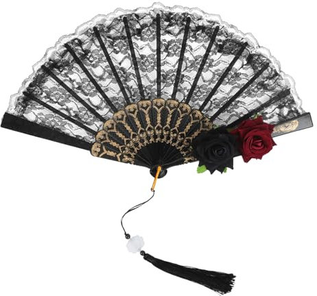 Ladies Retro Rose Flower Lace Hand-held Folding Fan Gothic Style Women Foldable Hand Fan for Halloween Fancy Dress Party Tea Party Cosplay Costume Photo Shoot Props Dance Decoration Gift (Black)