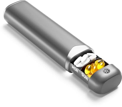 OWLMATE Tablettenbox 7 Tage, Supplement Box, Pillendose, Nahrungsergänzungsmittel, Medikamente, Pillen, Tabletten Organizer für Unterwegs (Grau+Silber)