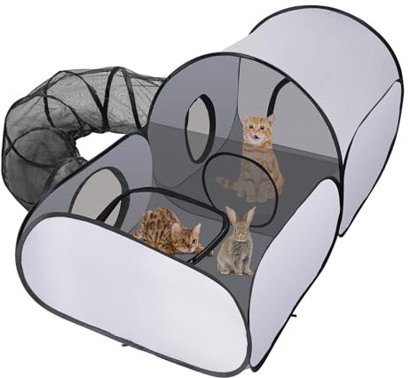 FuzzFables Faltbarer Katzenlaufstall mit Tunnel, multifunktionale Laufställe mit atmungsaktivem Mesh, Tragbares Haustierzelt für Kleintiere im Innen- und Außenbereich, Gehege & Käfige für draußen L