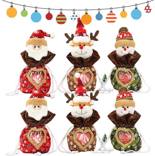 6Pcs Flax Christmas Apple Bags Zipper Reusable 2024 New Chritmas Eva Santa Snowman Snowflake Deer Shaped Apple Candy Bags Bulk Storages For Chritmas Party Decor