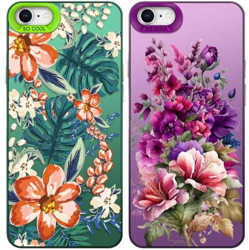 Tedyhulle 2 Stück Handyhülle für iPhone 7/8/SE 2020/SE 2022, Nette Blumen-Muster, Weiche TPU-Stoßstange mit hartem PC-Fall, Stoßfeste Kratzfeste Schutzhülle, lila und grün