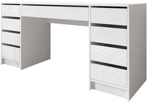 Mirjan24 Schreibtisch Ada Bis, 9 Schubladen Schülerschreibtisch Computertisch B:H:T 154x76x55cm, Kinderschreibtisch Arbeitstisch PC-Tisch Jugendzimmer Kinderzimmer (Weiß/Weiß Hochglanz)