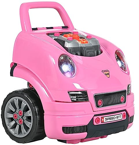 HOMCOM Camion mécano 2 en 1 - Jouet Bricolage Enfant - Jeu d'imitation mécanicien - Nombreux Accessoires Total de 61 pièces - Effets sonores et Lumineux - Rose
