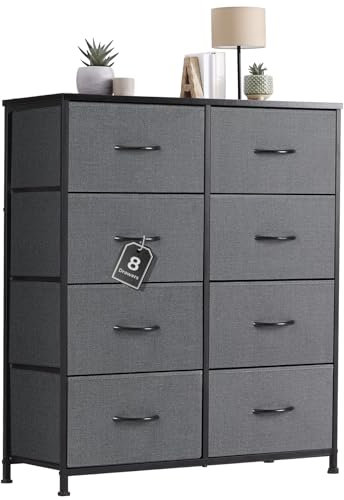 Sweetcrispy Kommode mit Stoff-Schubladen, Sideboard mit 8 Stoff-Schubladen, Schubladenschrank, Organisationsmöbel für Küche, Büro, Flur, TV-Schrank mit Schubladen,Mittelgrau