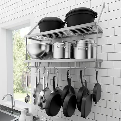 KES Silver Gray Pot Rack for Kitchen, 76CM Pan Hanger Wall Mounted, 2-Tier Hanging Storage with 12 Hooks for Kitchen Storage and Organization, KUR215S75B-SG